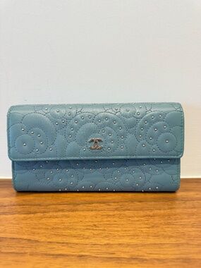 Chanel Lambskin Camellia Embossed Long Double Wallet with Studs in Blue